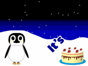 Happy Birthday GIF:Penguin: chocolate cake,pink text,% 3 fireworks