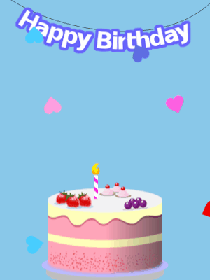 Happy Birthday GIF, birthday-12601 @ Editable GIFs, Blue birthday GIF with a fruity cake and hearts