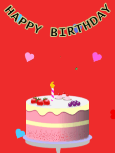 Happy Birthday GIF:Birthday GIF,fruity cake,red background,hearts & hearts