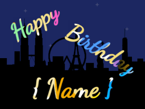 Happy Birthday GIF:City fireworks of beads. Fonts block & block, & a party colors texture