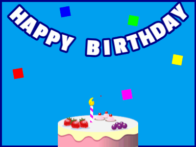 Happy Birthday GIF, birthday-12658 @ Editable GIFs, Afruity cake on blue with blue border & falling stars