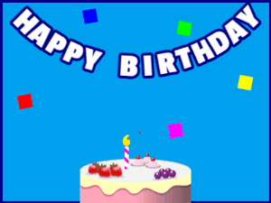 Happy Birthday GIF:A fruity cake on blue with blue border & falling stars