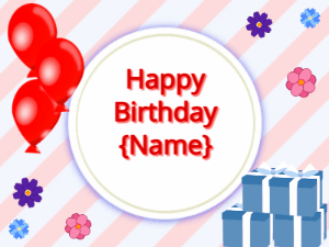 Happy Birthday GIF:red Balloons, blue gift boxes, red text