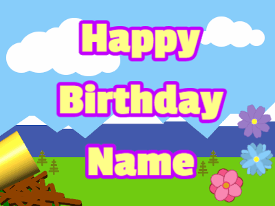 Happy Birthday GIF, birthday-12684 @ Editable GIFs, Horn, confetti, mountains, block, yellow, purple