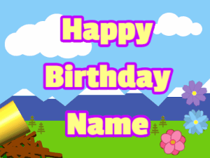 Happy Birthday GIF:Horn, confetti, mountains, block, yellow, purple