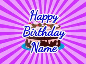 Happy Birthday GIF:purple sunburst,chocolate cake, blue text