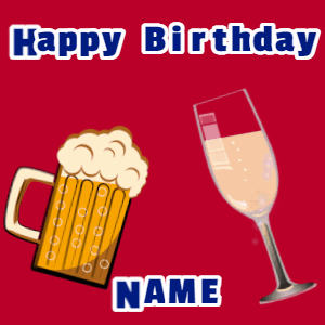 Happy Birthday GIF, birthday-1271 @ Editable GIFs, Birthday gif, mug & champagne, hearts fireworks, block text on red