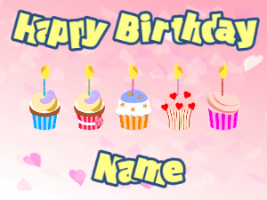 Happy Birthday GIF:Cupcakes for Birthday,pink hearts background,beige & navy text
