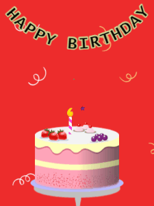 Happy Birthday GIF:Birthday GIF,fruity cake,red background,stars & confetti