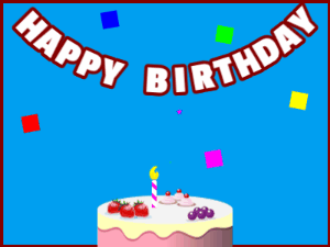 Happy Birthday GIF:A fruity cake on blue with red border & falling stars