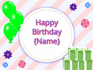 Happy Birthday GIF:green Balloons, green gift boxes, purple text