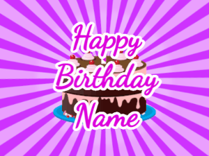Happy Birthday GIF:purple sunburst,chocolate cake, purple text