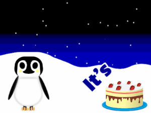 Happy Birthday GIF:Penguin: chocolate cake,blue text,% 3 fireworks