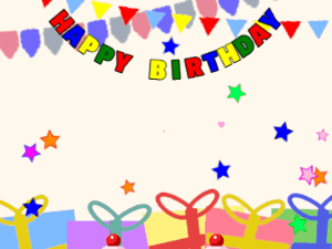 Happy Birthday GIF:pink Cake, flying mix on a party background