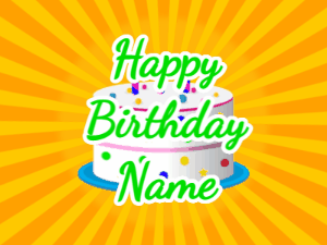 Happy Birthday GIF:yellow sunburst,candy cake, green text