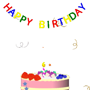 Happy Birthday GIF:Colorful birthday banner and cake