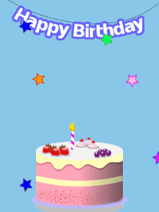 Happy Birthday GIF:Blue birthday GIF with a fruity cake and stars