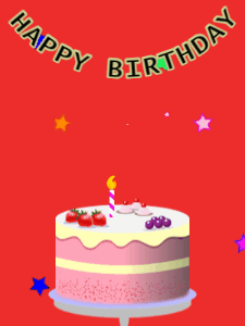 Happy Birthday GIF:Birthday GIF,fruity cake,red background,stars & stars