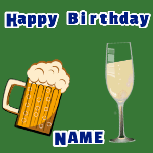 Happy Birthday GIF, birthday-13071 @ Editable GIFs, Birthday gif, mug & champagne, flares fireworks, block text on green
