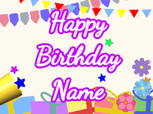 Happy Birthday GIF:Horn, stars, party, cursive, white, purple