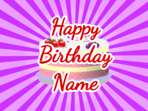 Happy Birthday GIF:purple sunburst,fruity cake, red text