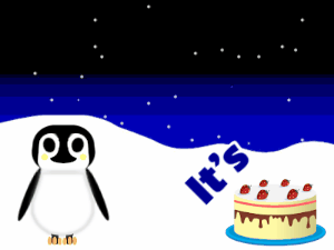 Happy Birthday GIF:Penguin: chocolate cake,blue text,% 3 fireworks