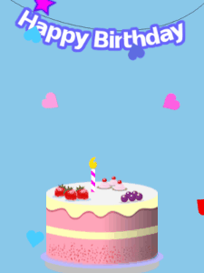 Happy Birthday GIF:Blue birthday GIF with a fruity cake and stars