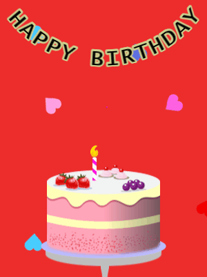 Happy Birthday GIF, birthday-13205 @ Editable GIFs, Birthday GIF,fruity cake,red background, stars & hearts