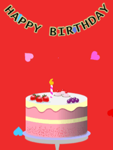 Happy Birthday GIF:Birthday GIF,fruity cake,red background,stars & hearts
