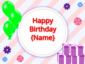 Happy Birthday GIF:green Balloons, purple gift boxes, red text
