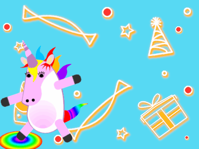 Happy Birthday, birthday-13292 @ Editable GIFs, Dabbing Unicorn:blue background,pink flowers,pink cake