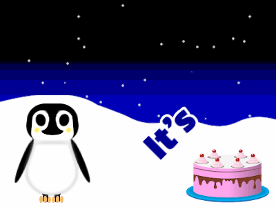 Happy Birthday, birthday-1330 @ Editable GIFs,Penguin: pink cake,red text,% 3 fireworks