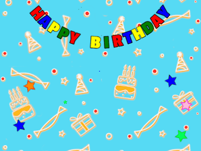 Happy Birthday GIF, birthday-1334 @ Editable GIFs, candy Cake, flying stars on a blue decor background