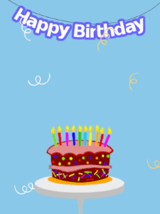 Happy Birthday GIF:Blue birthday GIF with a cartoon cake and hearts