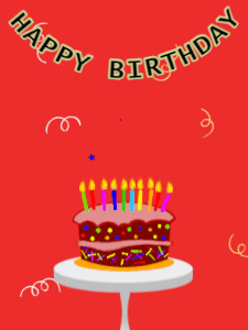 Happy Birthday GIF:Birthday GIF,cartoon cake,red background,hearts & confetti