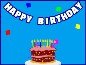 Happy Birthday GIF:A cartoon cake on blue with blue border & falling hearts