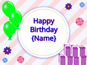 Happy Birthday GIF:green Balloons, purple gift boxes, blue text