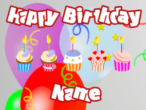 Happy Birthday GIF:Cupcakes for Birthday,balloon wrap background,white & red text