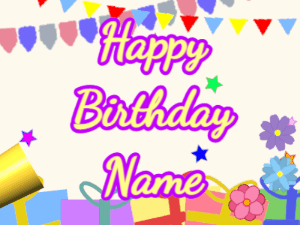 Happy Birthday GIF:Horn, stars, party, cursive, yellow, purple