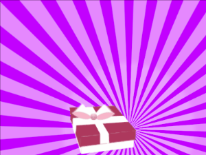 Happy Birthday GIF:burgundy Gift box, purple sunburst, stars & cursive