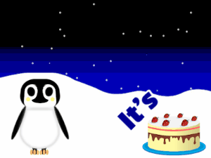 Happy Birthday GIF:Penguin: chocolate cake,green text,% 3 fireworks