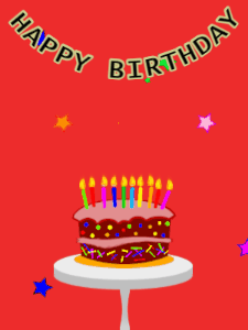 Happy Birthday GIF:Birthday GIF,cartoon cake,red background,hearts & stars