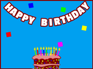 Happy Birthday GIF:A cartoon cake on blue with red border & falling hearts