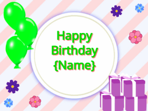 Happy Birthday GIF:green Balloons, purple gift boxes, green text