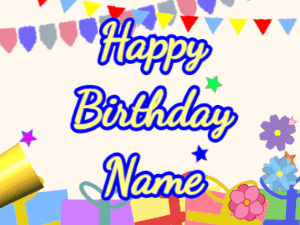 Happy Birthday GIF:Horn, stars, party, cursive, yellow, blue