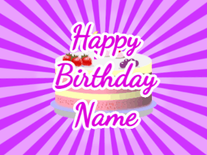 Happy Birthday GIF:purple sunburst,fruity cake, purple text