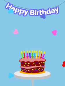 Happy Birthday GIF:Blue birthday GIF with a cartoon cake and hearts