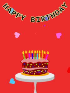 Happy Birthday GIF:Birthday GIF,cartoon cake,red background,hearts & hearts
