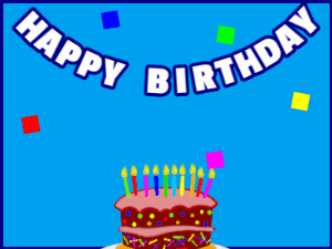 Happy Birthday GIF:A cartoon cake on blue with blue border & falling stars
