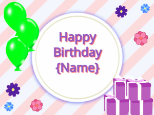 Happy Birthday GIF:green Balloons, purple gift boxes, purple text
